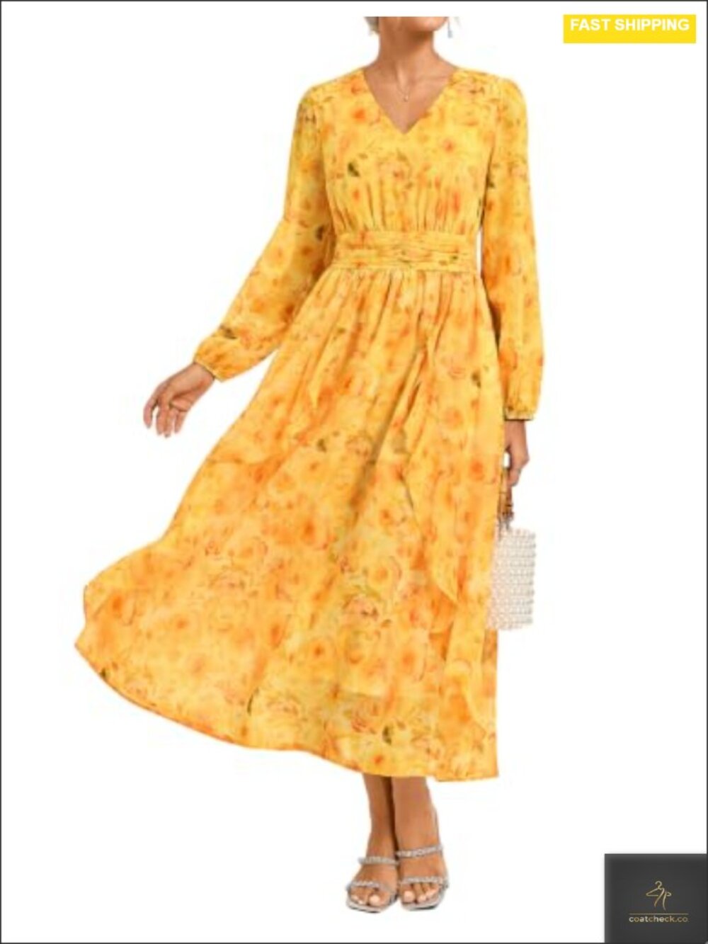 Flowy Chiffon A-Line Empire Waist V-Neck Midi Dress with Pockets
